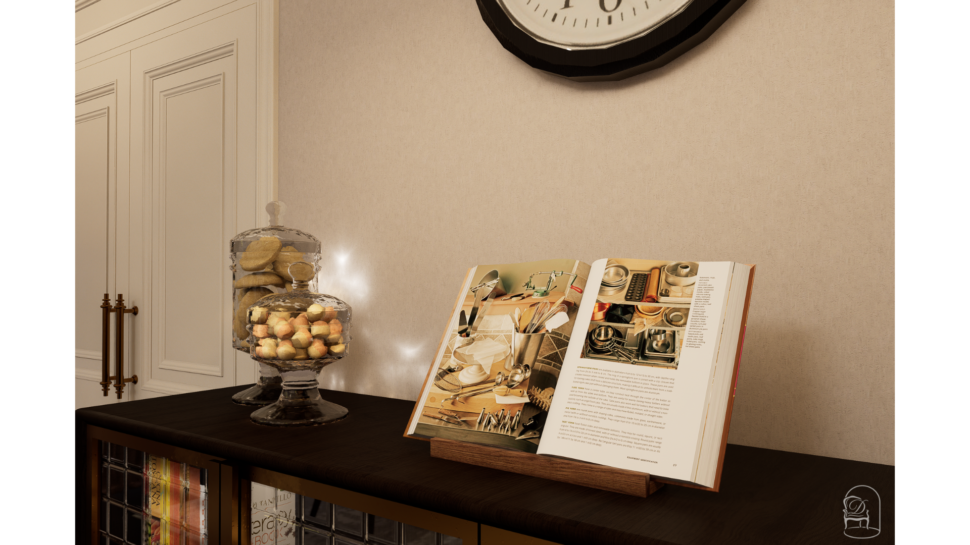 Styled countertop vignette with stacked glass jars, a cookbook display and textured wall surfaces, adding charm to the modern dining environment.