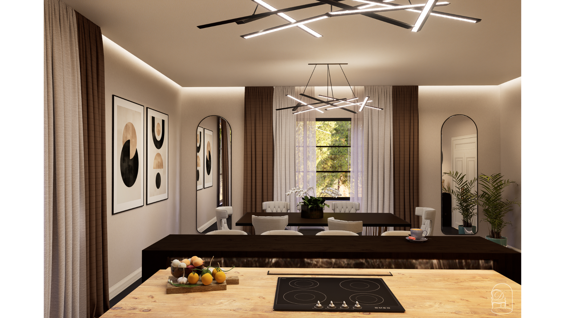 Full dining room view with warm natural light, sculptural lighting fixtures and décor elements that complement the adjoining navy blue kitchen.