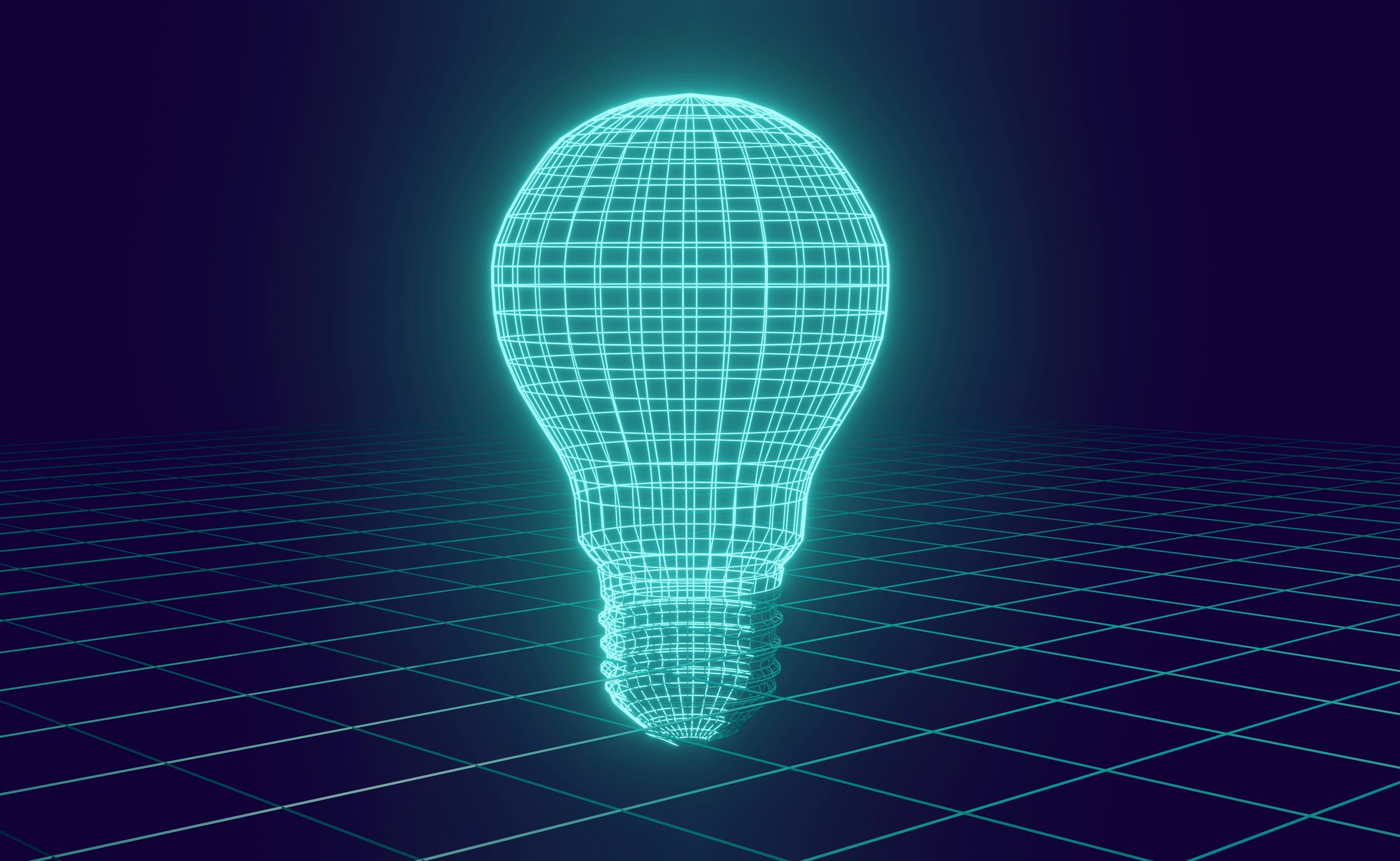 Digital illustration of a glowing wireframe light bulb on a grid background, resembling a futuristic or virtual design.