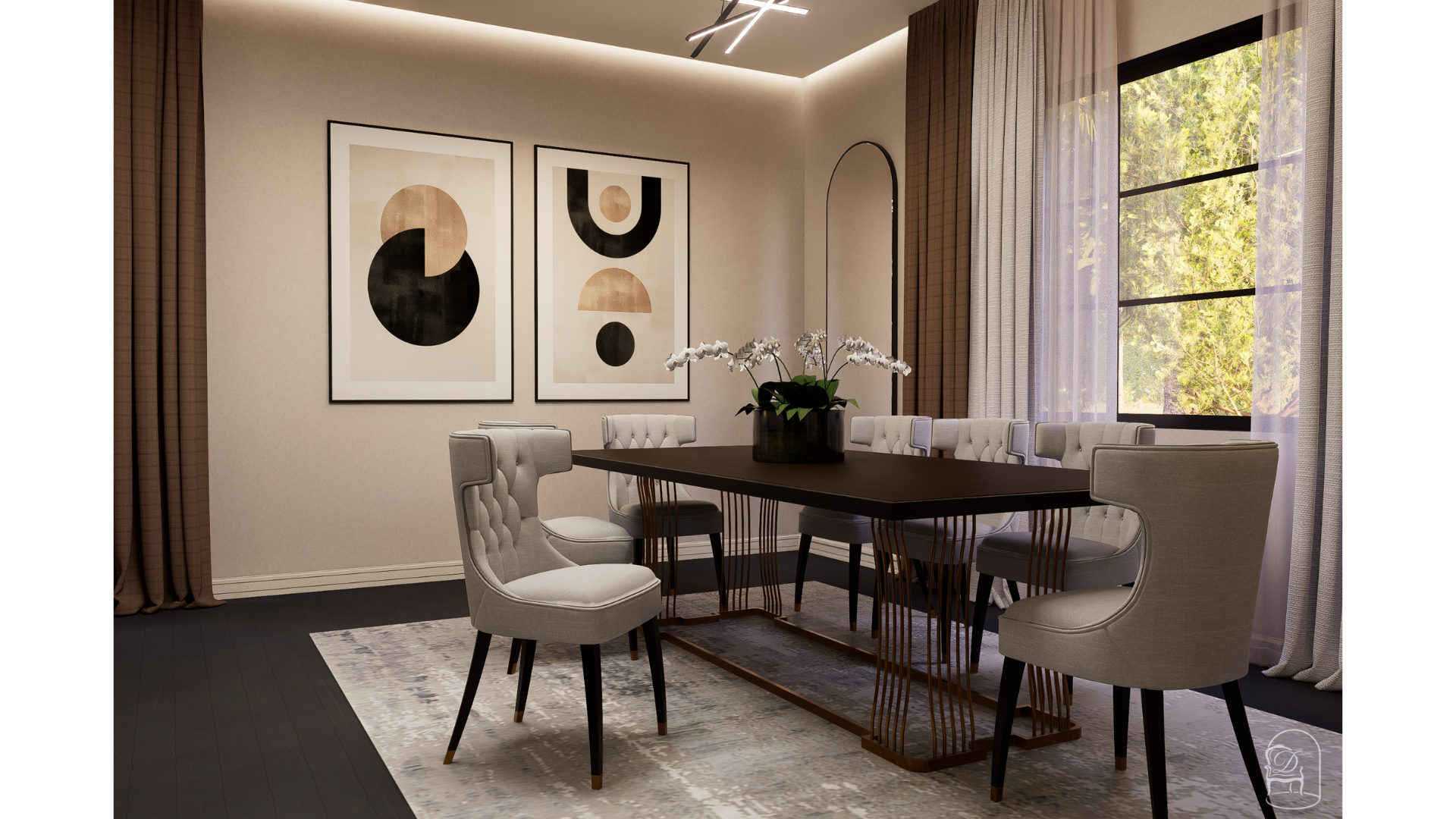 Cozy dining setup with geometric wall art, upholstered chairs and a warm, neutral palette that blends seamlessly with the modern kitchen concept.