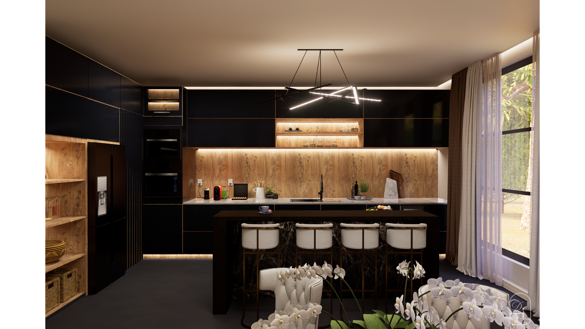 Contemporary kitchen elevation showcasing navy blue cabinets, integrated LED lighting, open shelving and natural wood textures for a refined modern aesthetic.