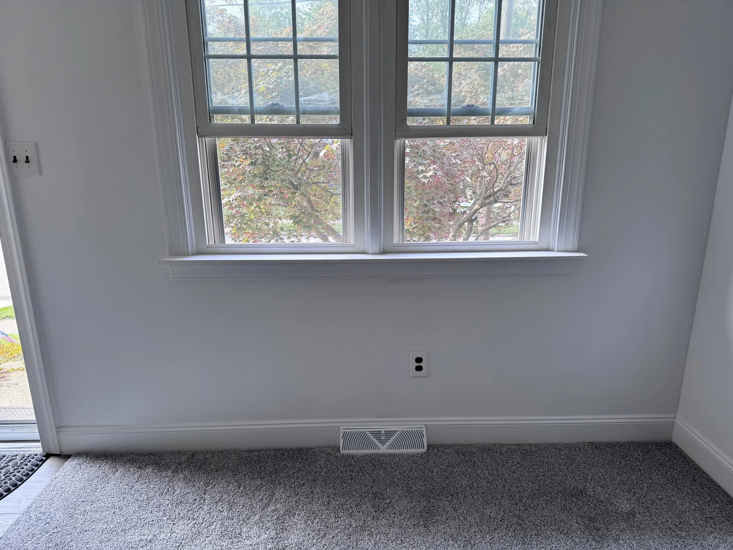 After - New drywall, SW Teapot Satin Paint, 5'' Solid Pine Trim