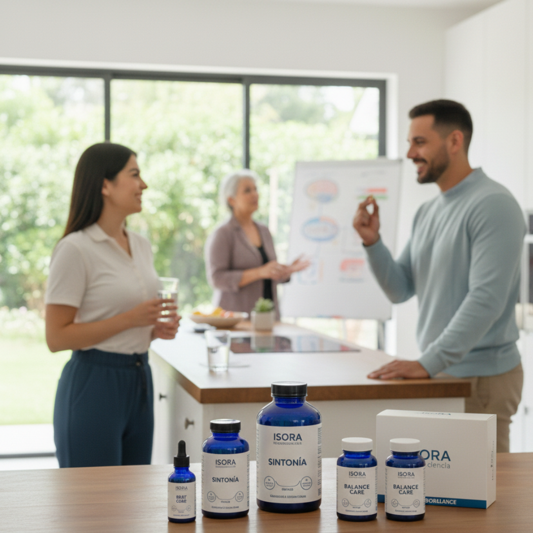Varios frascos y paquetes de suplementos de la marca Isora en primer plano, en un escritorio, con una sala de reuniones al fondo donde un grupo de personas discuten y muestran gráficos.