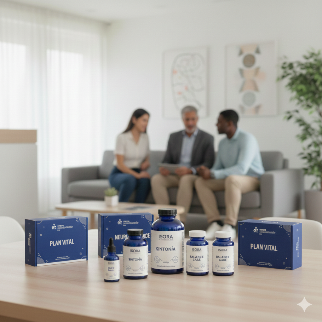 Varios frascos y cajas con suplementos nutricionales en primer plano, con un grupo de tres personas conversando en un consultorio en el fondo.
