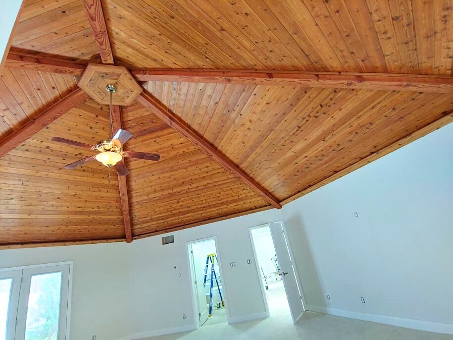 Custom hexagonal timber ceiling.