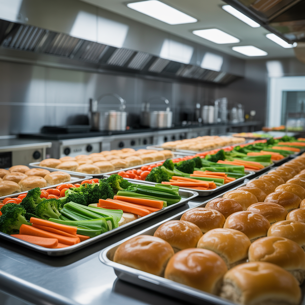 Tray of fresh vegetables including broccoli, cherry tomatoes, celery, and carrots, with hamburger buns on another tray in a commercial kitchen.