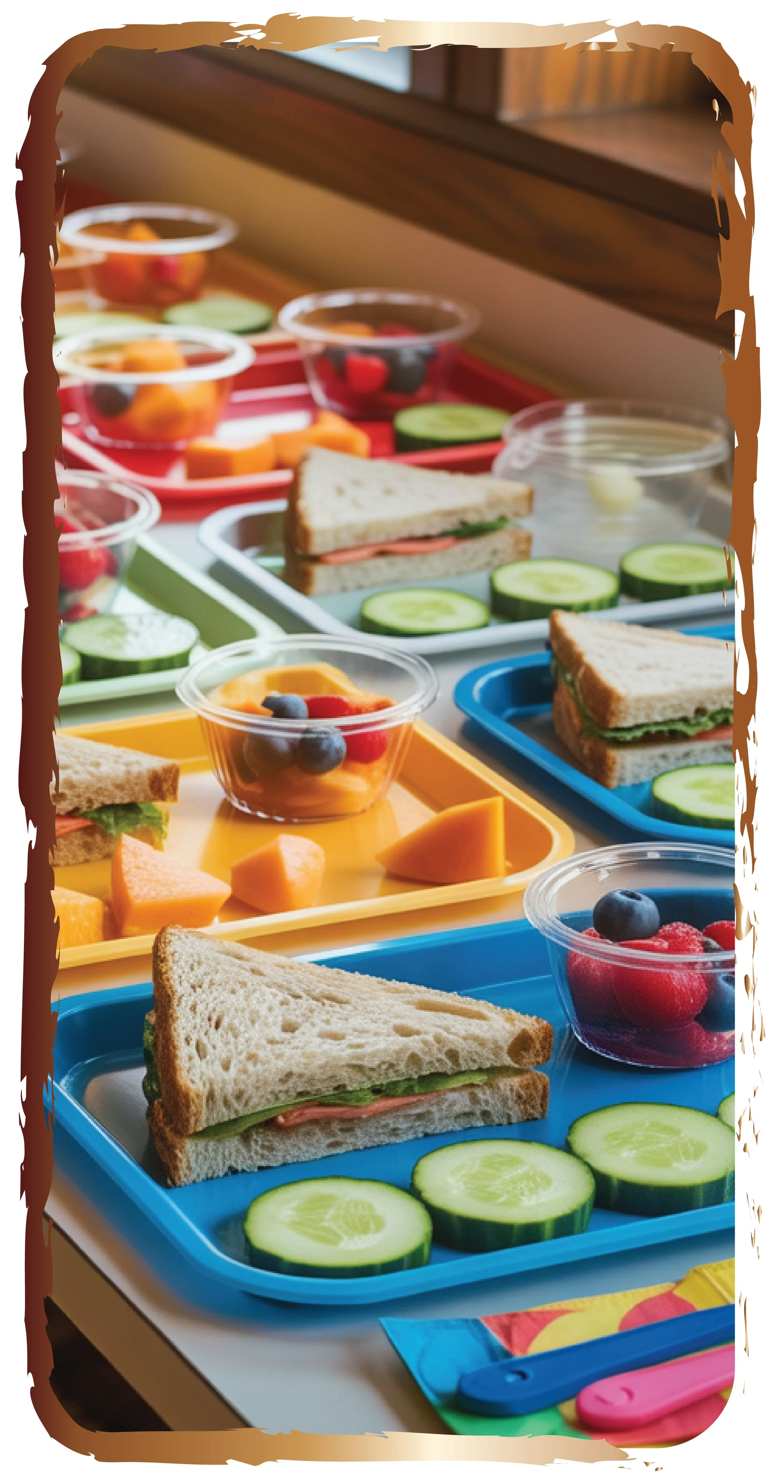 School lunch tray with sandwiches, cucumber slices, and containers of fruit.