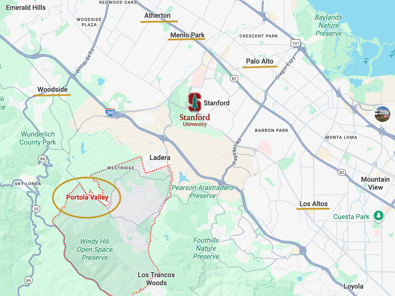 展示 Portola Valley 在硅谷的地理位置示意图，标注其与 Stanford 大学、Sand Hill Road、Palo Alto、Menlo Park 以及 280 高速的临近关系。