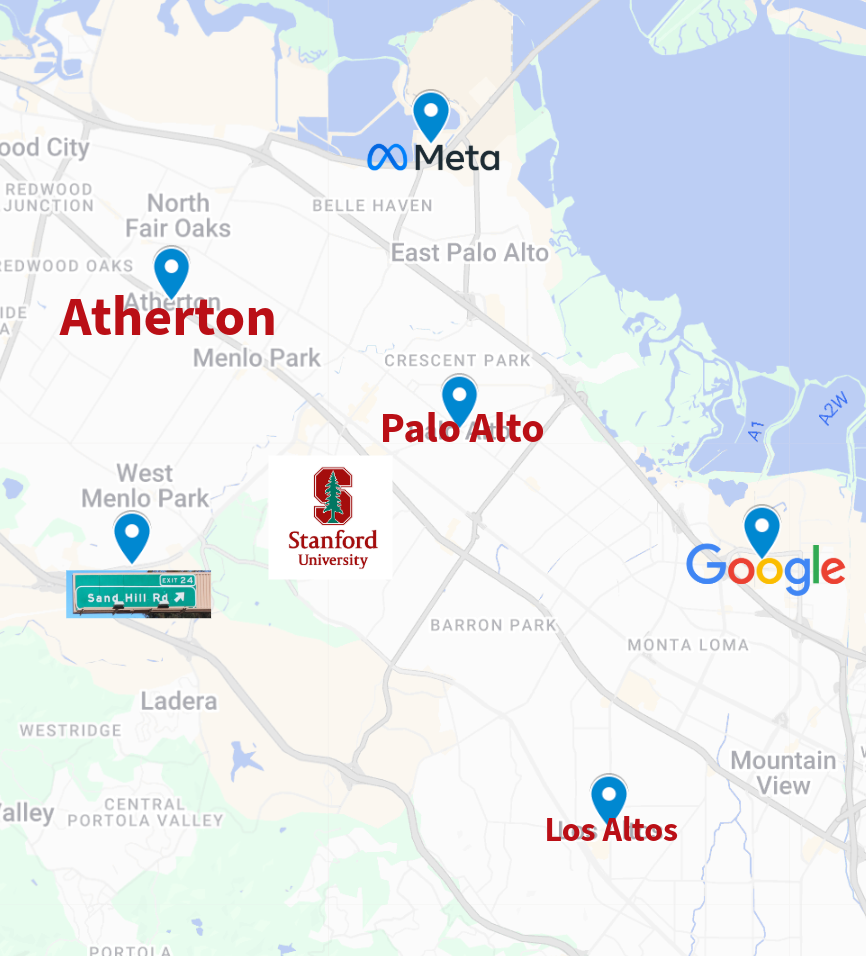 显示 Atherton 在硅谷的位置，位于 Palo Alto 与 Menlo Park 之间，邻近斯坦福大学与 Sand Hill Road。