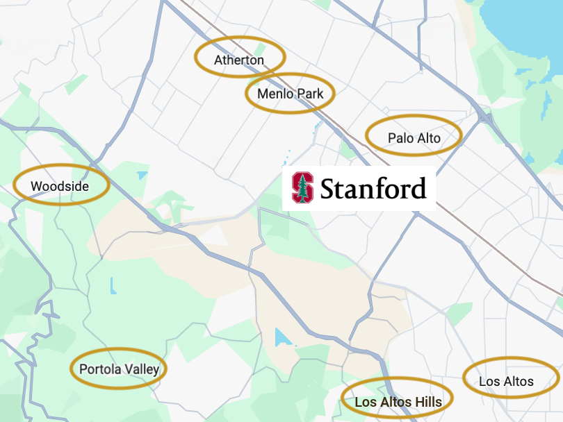 以斯坦福为轴心的硅谷二环七大核心社区地图：Palo Alto、Atherton、Menlo Park、Los Altos、Los Altos Hills、Woodside、Portola Valley（远芳制作）