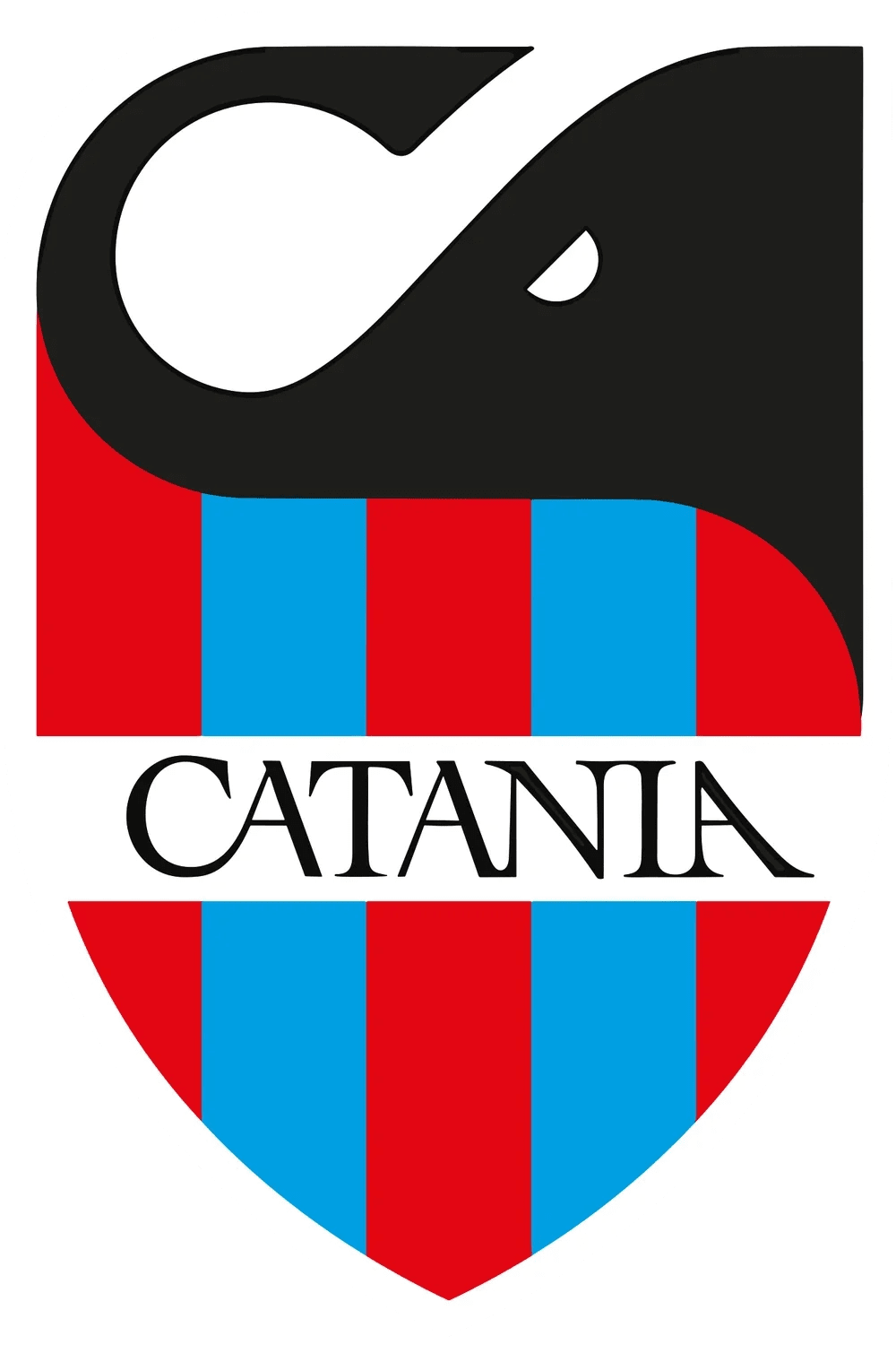 A shield-shaped logo with a black stylized letter 'C' and elephant head at the top, red and blue vertical stripes, and the word 'Catania' written across the middle.
