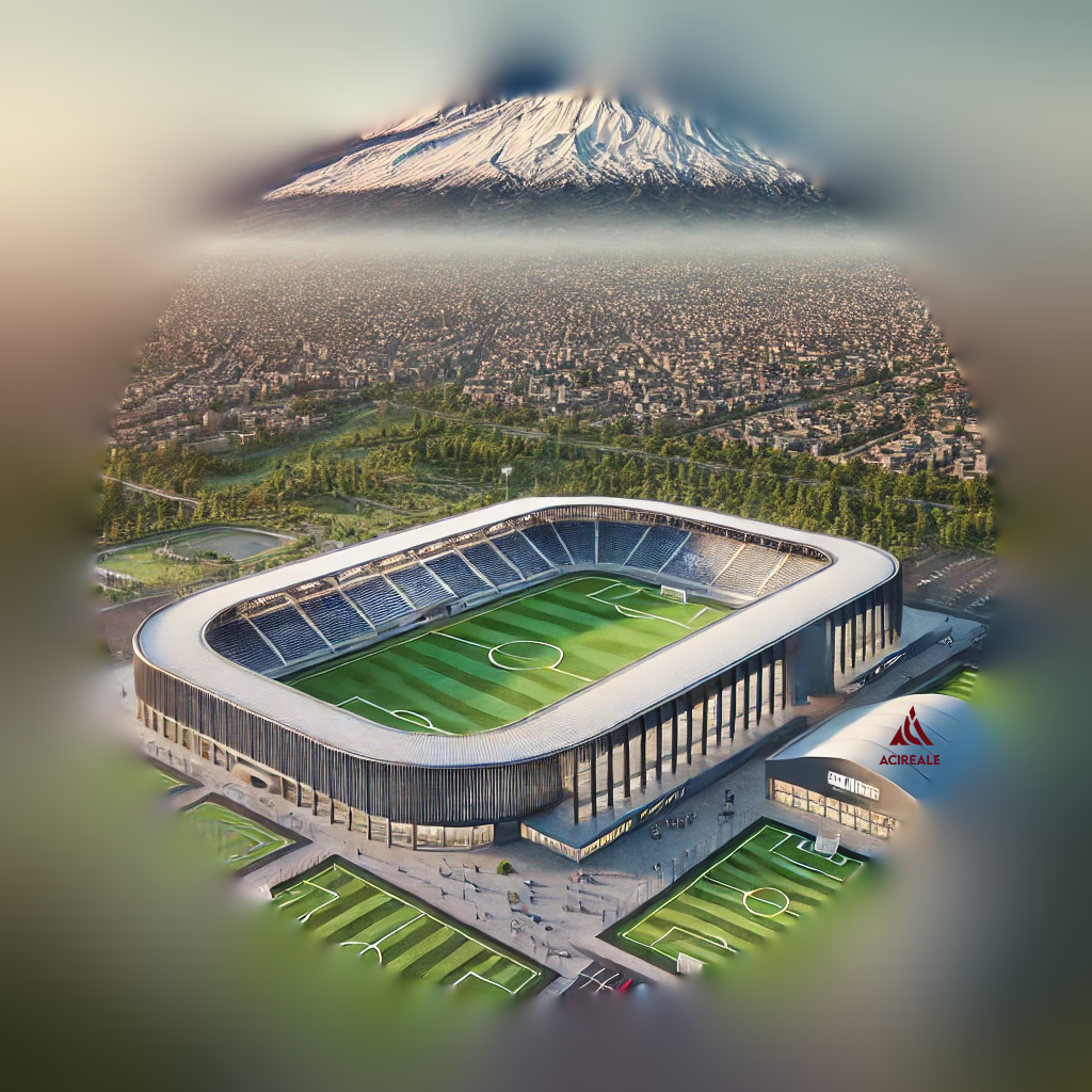 A large stadium with soccer field, located in an urban area, with a mountain in the background.