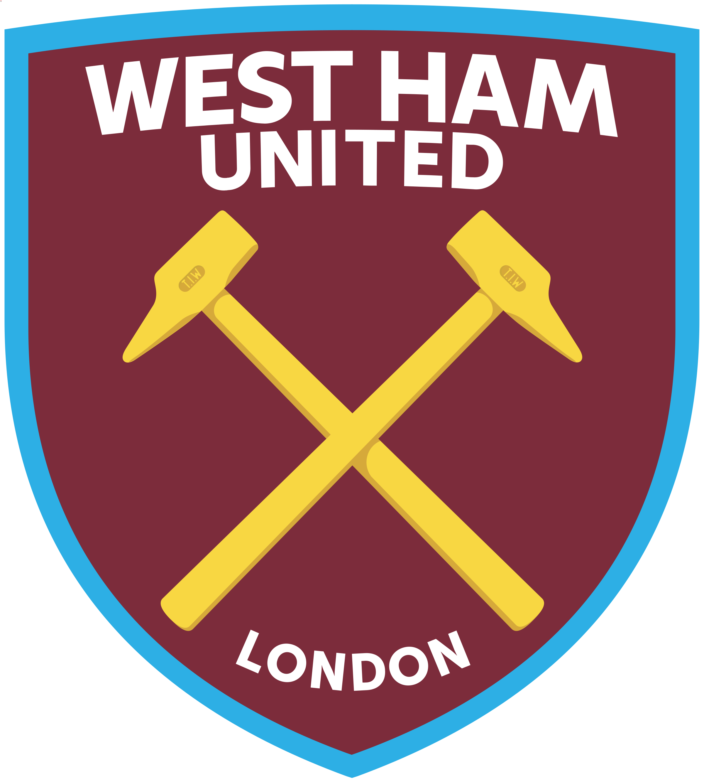 A crest with a maroon background and a blue border, featuring the words "West Ham United" and "London" in white, and two crossed yellow hammers.