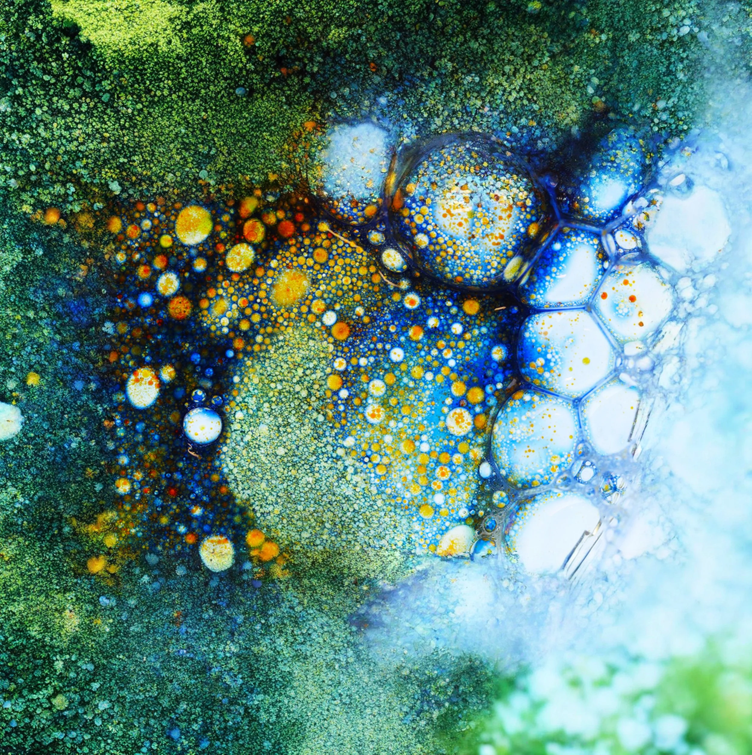 Close-up of colorful bubbles and foam with various shades of green, yellow, blue, orange, and white.