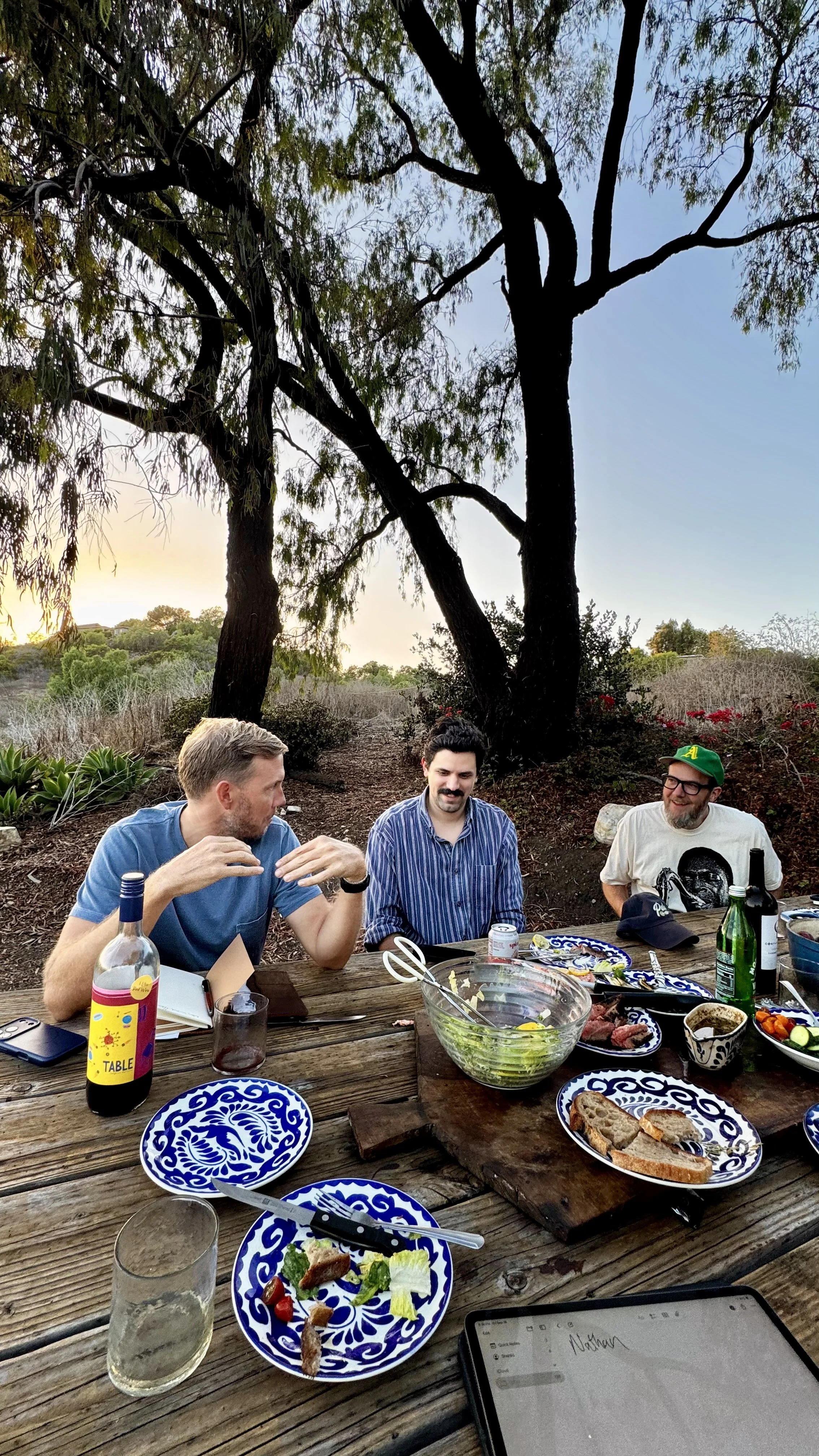 Three men sitting at a rustic outdoor wooden table surrounded by trees, enjoying a meal with various dishes, drinks, and plates.