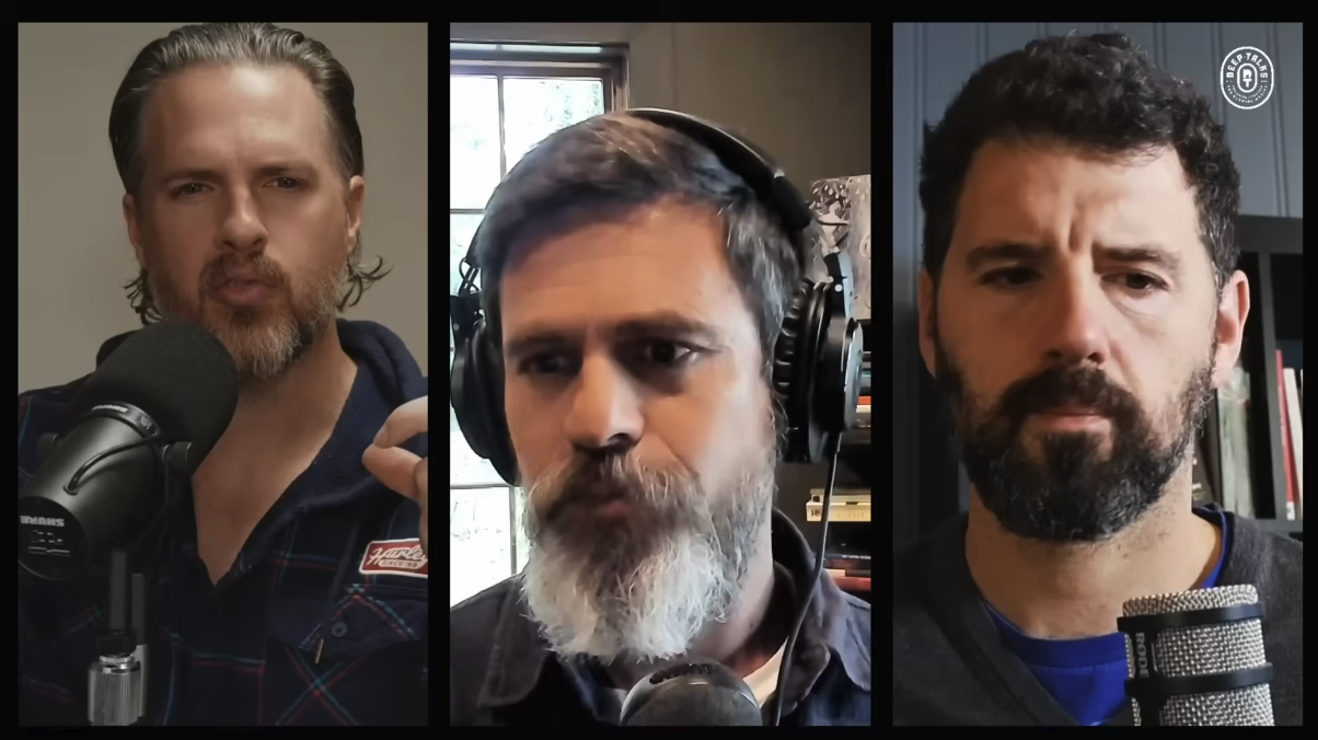 Three men speaking into microphones during a video call or podcast, each in individual frames with backgrounds of bookshelves or windows.