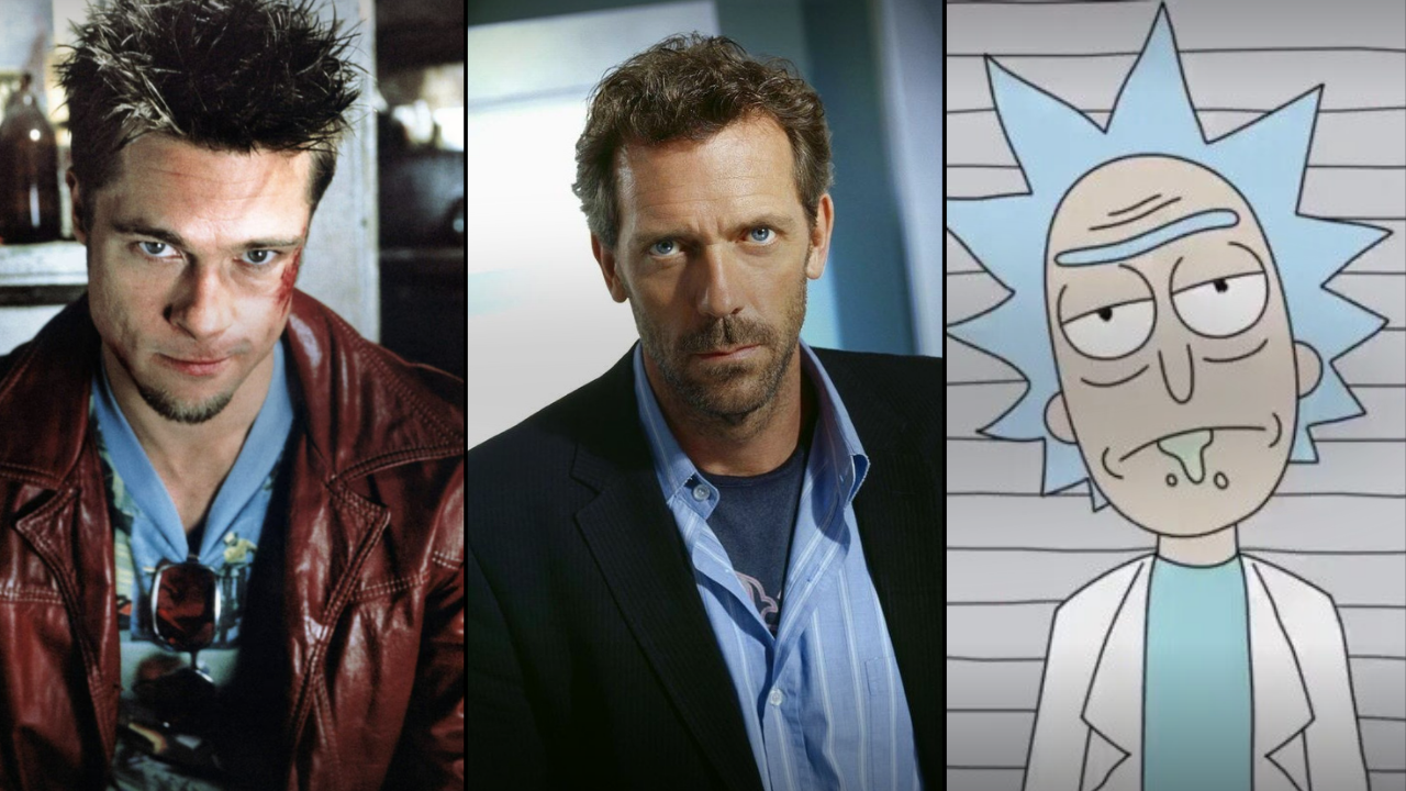Three images: a young man with spiked hair and a red leather jacket, a middle-aged man with curly hair and a beard wearing a suit, and a drawing of a character with blue spiky hair and a lab coat.
