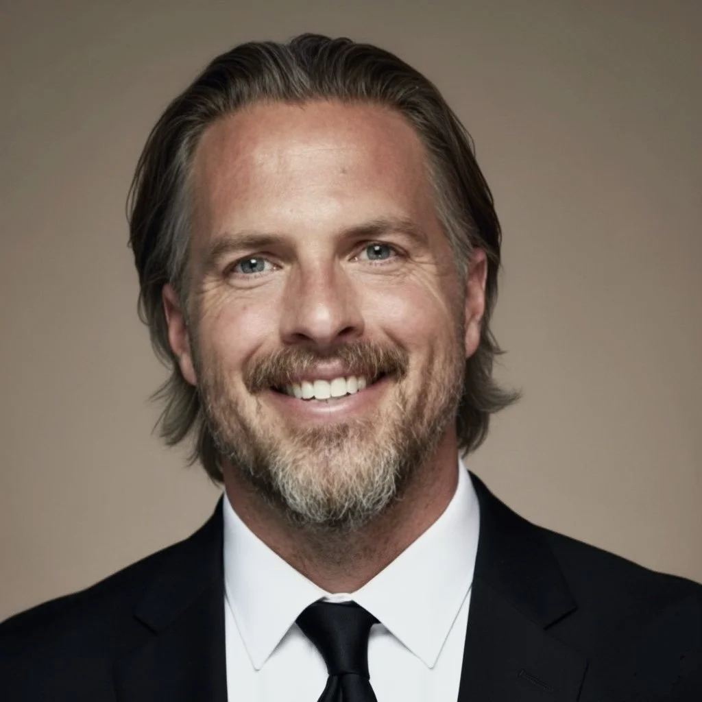 A man with shoulder-length light brown hair and a beard, smiling and wearing a black suit, white shirt, and black tie, against a plain background.
