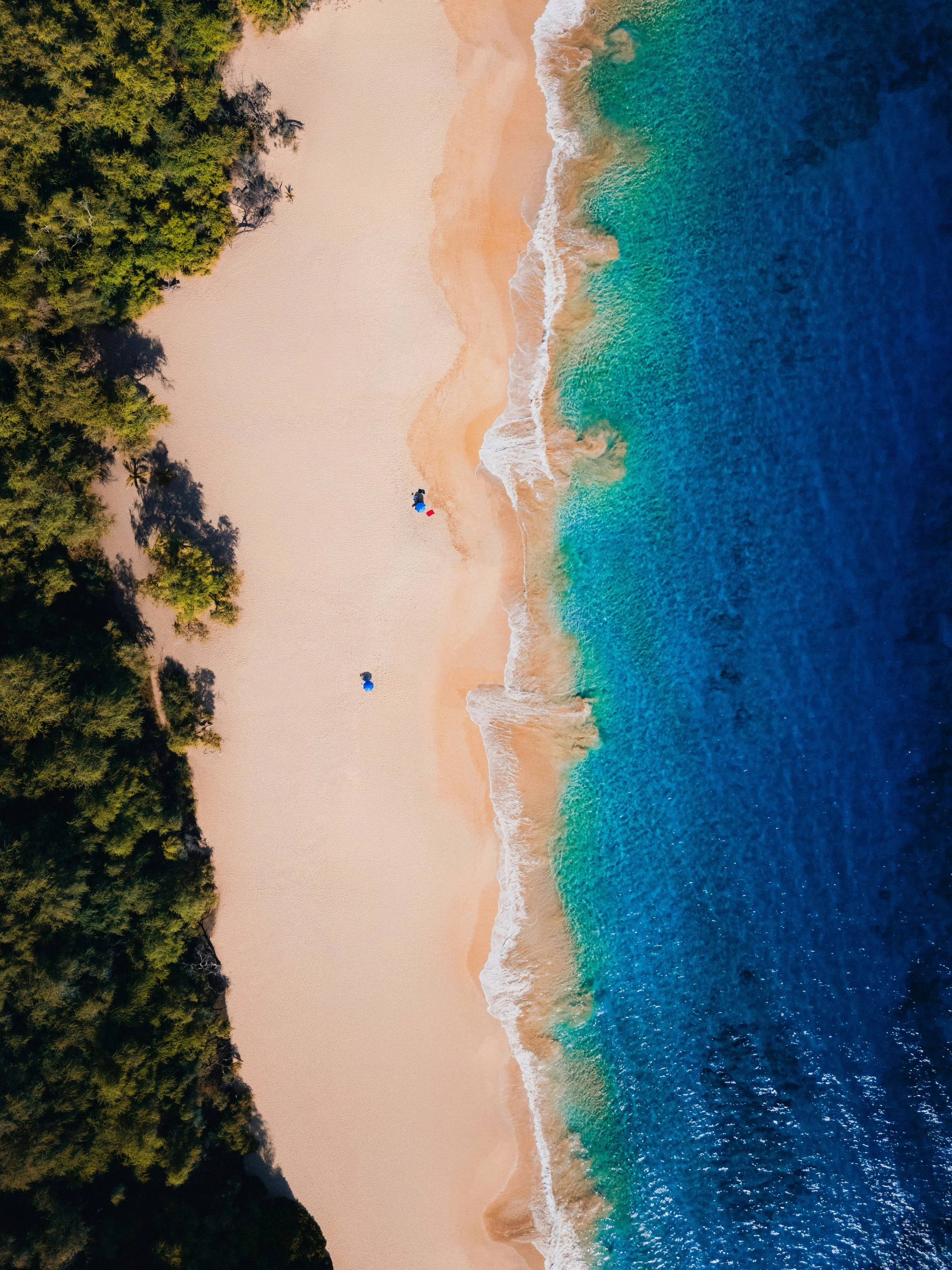 Aerial view of a beach with turquoise water and white sand, lined with green trees on one side. Small waves are crashing onto the shore.