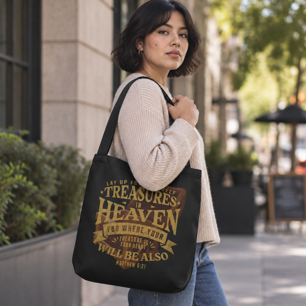 Inspirational Tote Bag - "Lay Up Treasures in Heaven" Adjustable Christian Shoulder Tote