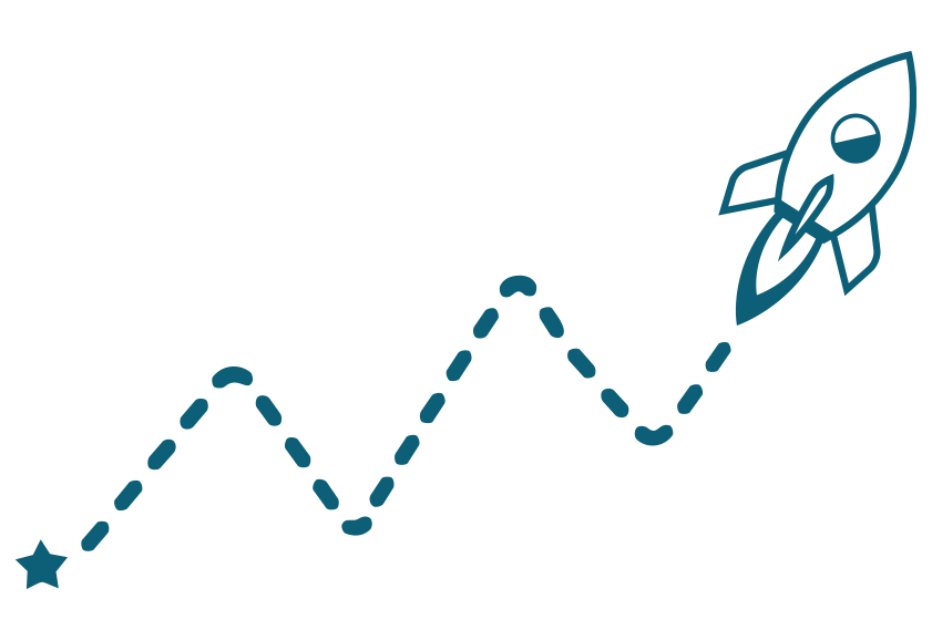 A stylized upward trend line with a star at the beginning and a rocket ship at the end, symbolizing growth and progress.