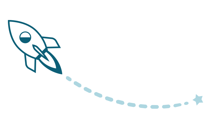 Illustration of a rocket taking off towards a star with a dotted trail.