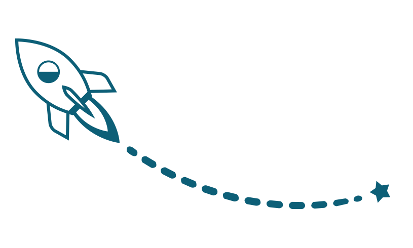 A graphic of a rocket ship launching, leaving a dotted trail behind, with a small star at the end of the trail.