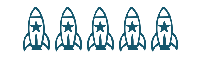 Six outlined rocket icons with stars on them, arranged in a row.