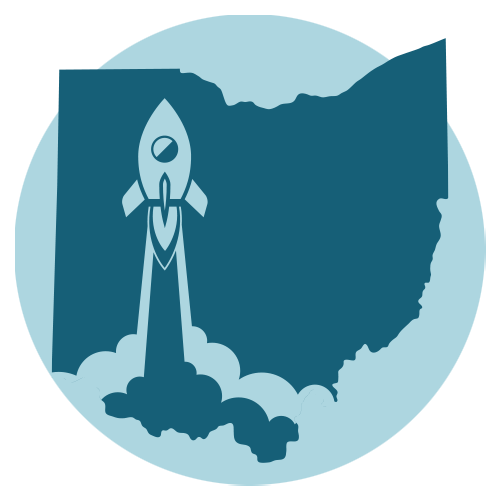 Illustration of a rocket launching over the outline of the state of Ohio.