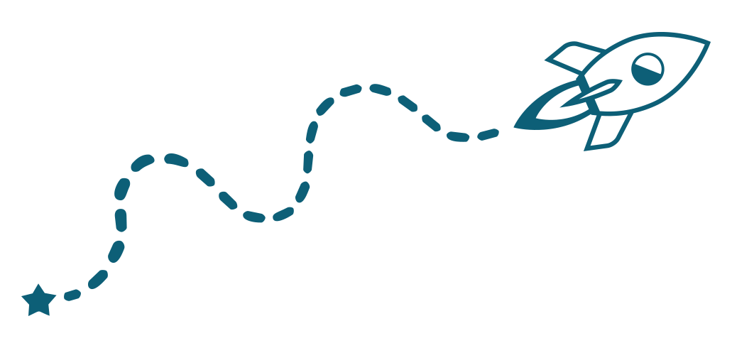 Illustration of a blue dashed trail leading from a star to a spaceship, symbolizing a journey or space exploration.