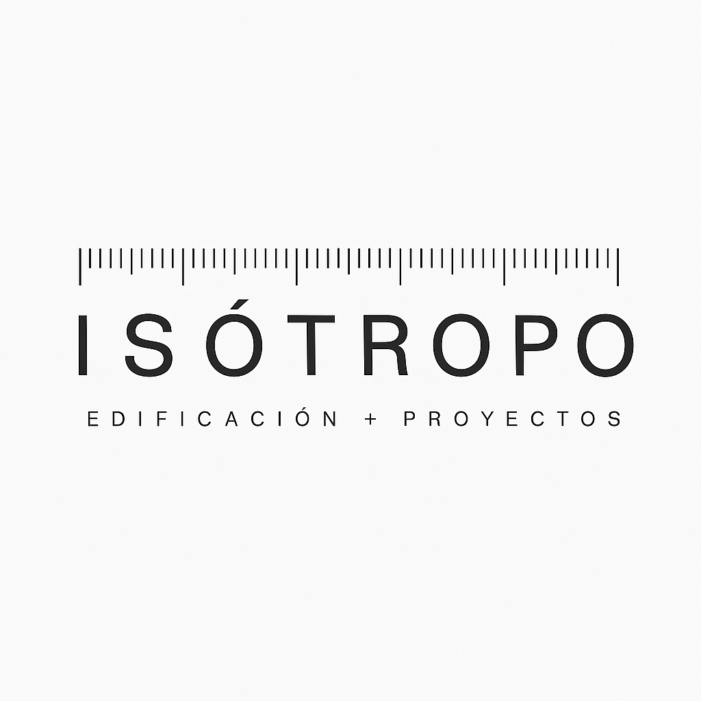Diseño minimalista con una regla y el texto 'ISÓTROPO' en letras grandes y 'EDIFICACIÓN + PROYECTOS' abajo en fuente más pequeña.