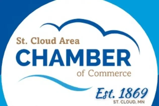 Logo of the St. Cloud Area Chamber of Commerce featuring a cloud illustration, with the text 'St. Cloud Area Chamber of Commerce Est. 1869 St. Cloud, MN'.