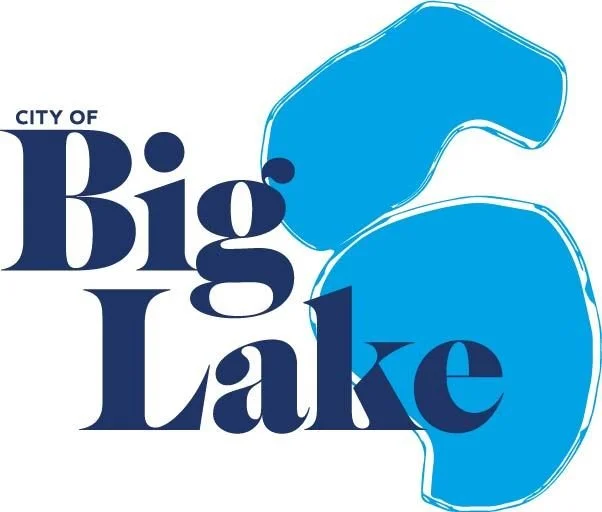 Logo with text reading "City of Big Lake" and an outline of a lake in shades of blue.
