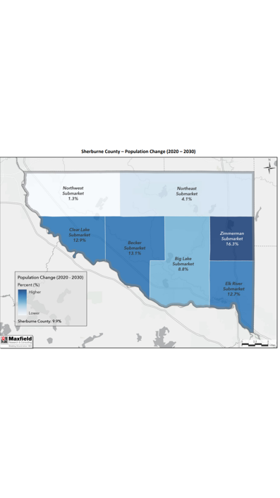Map of Sherburne County showing population change from 2020 to 2030, with areas color-coded to indicate higher, lower, and overall change percentages.