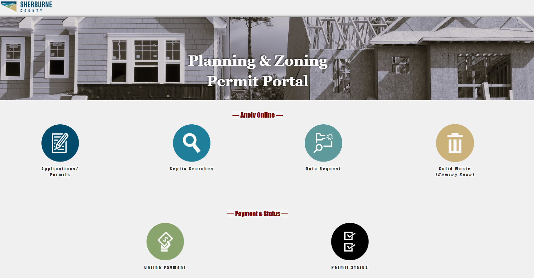 Screenshot of a Planning and Zoning Permit Portal webpage with icons for applications, septic searches, data request, and solid waste coming soon. The page includes sections for applying online, payment, and permit status, with construction in the background.