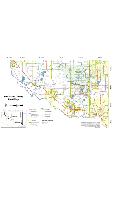 Map of Sherburne County showing roads, highways, land use, and natural features.