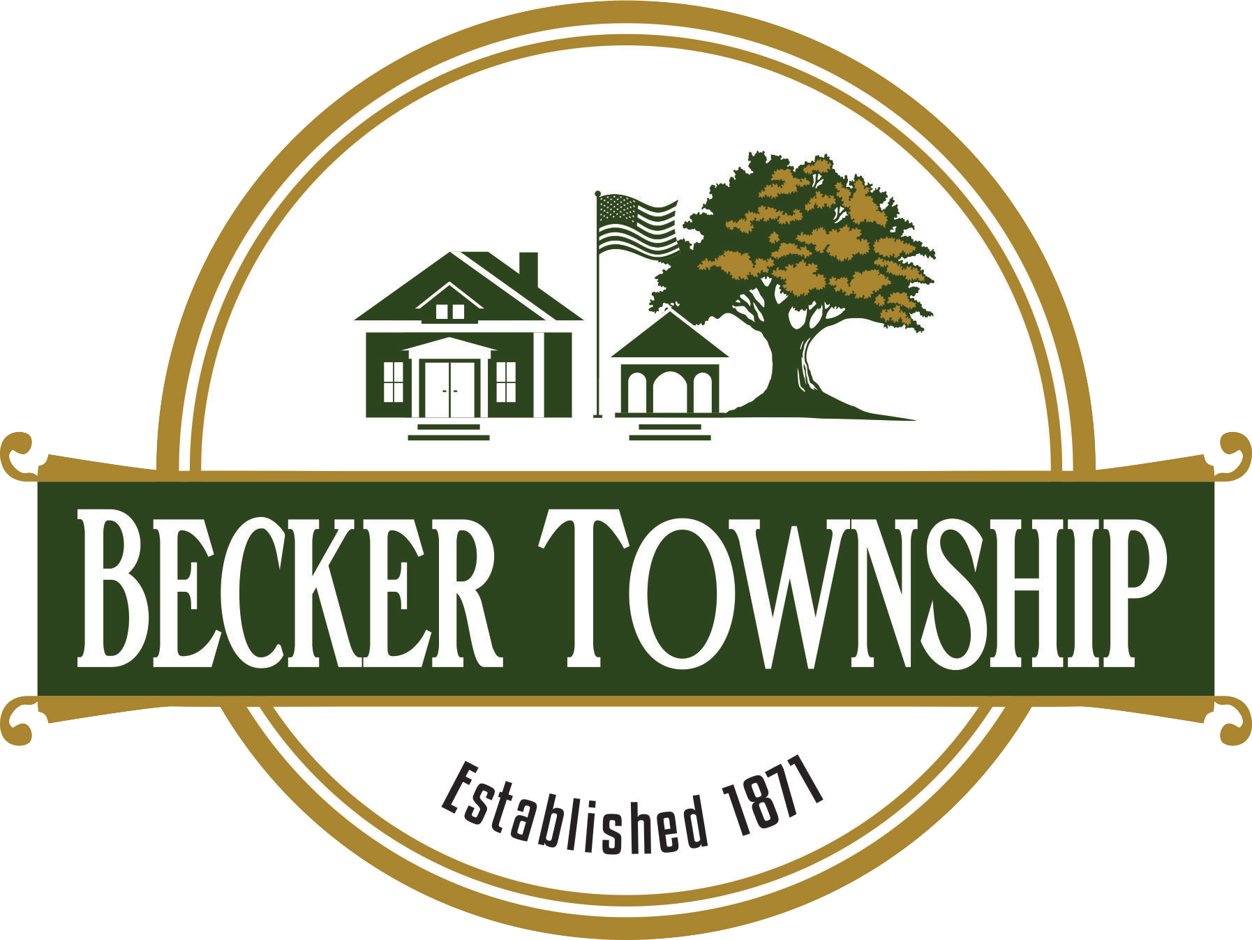 Logo for Becker Township showing a house, a gazebo with an American flag, and a large tree, with the text "BECKER TOWNSHIP" and "Established 1871".