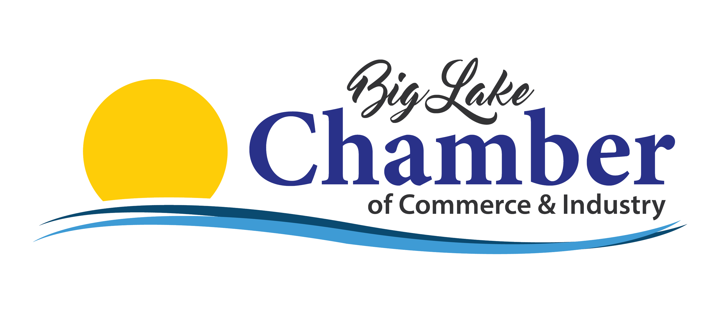 Logo for Big Lake Chamber of Commerce & Industry featuring a large yellow sun, blue waves, and stylized text.