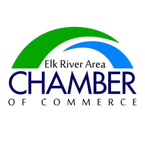 Logo of Elk River Area Chamber of Commerce with green and blue curved shapes and black text