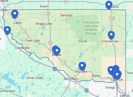 Map of Sherburne County with Blue Flags Indicating Open Land and Buidlings