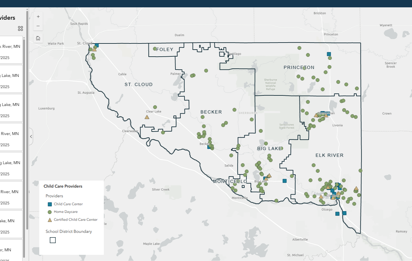 Map showing child care providers in the St. Cloud School District area, including child care centers marked with blue squares, home daycare marked with green circles, and certified child care centers marked with orange triangles.