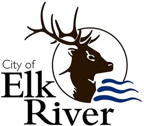 Logo for the City of Elk River featuring a silhouette of a deer head with antlers and blue water waves.