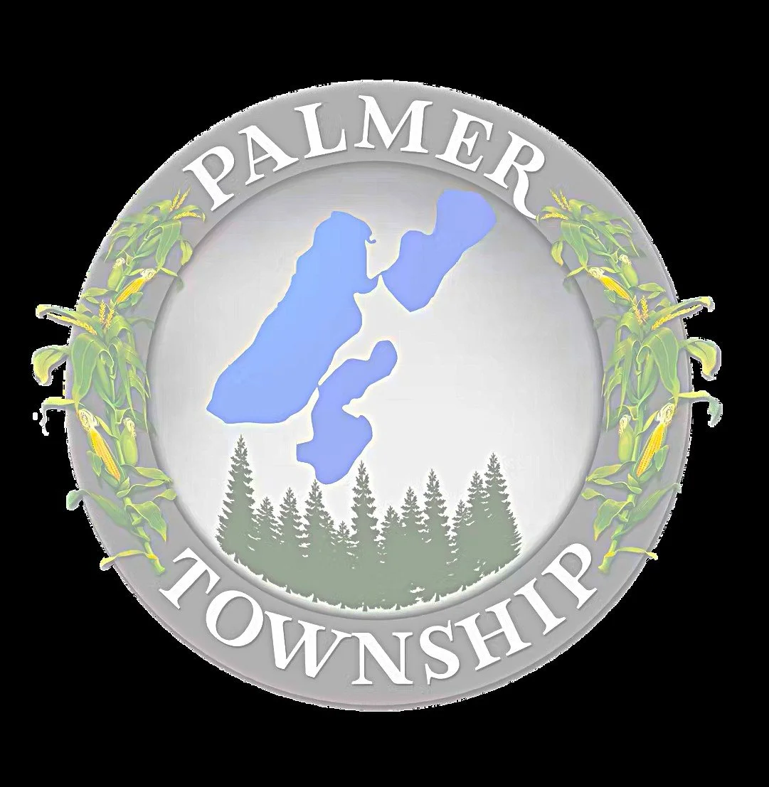 Logo for Palmer Township featuring a circular design with tree silhouettes at the bottom, a map of the area in the center, and corn stalks along the outer edge, with the words 'Palmer Township' around the top and bottom.