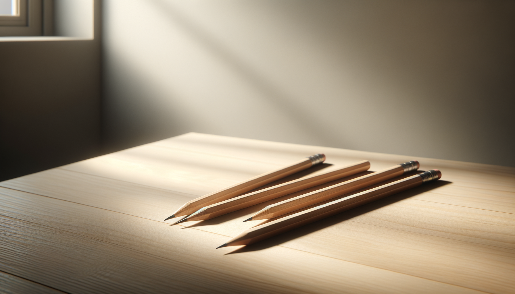 Four wooden pencils with erasers laid on a light wood desk, with sunlight casting shadows.
