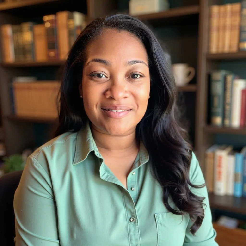 A woman with dark hair and a light green blouse sits in front of a bookshelf filled with books and decorative items.