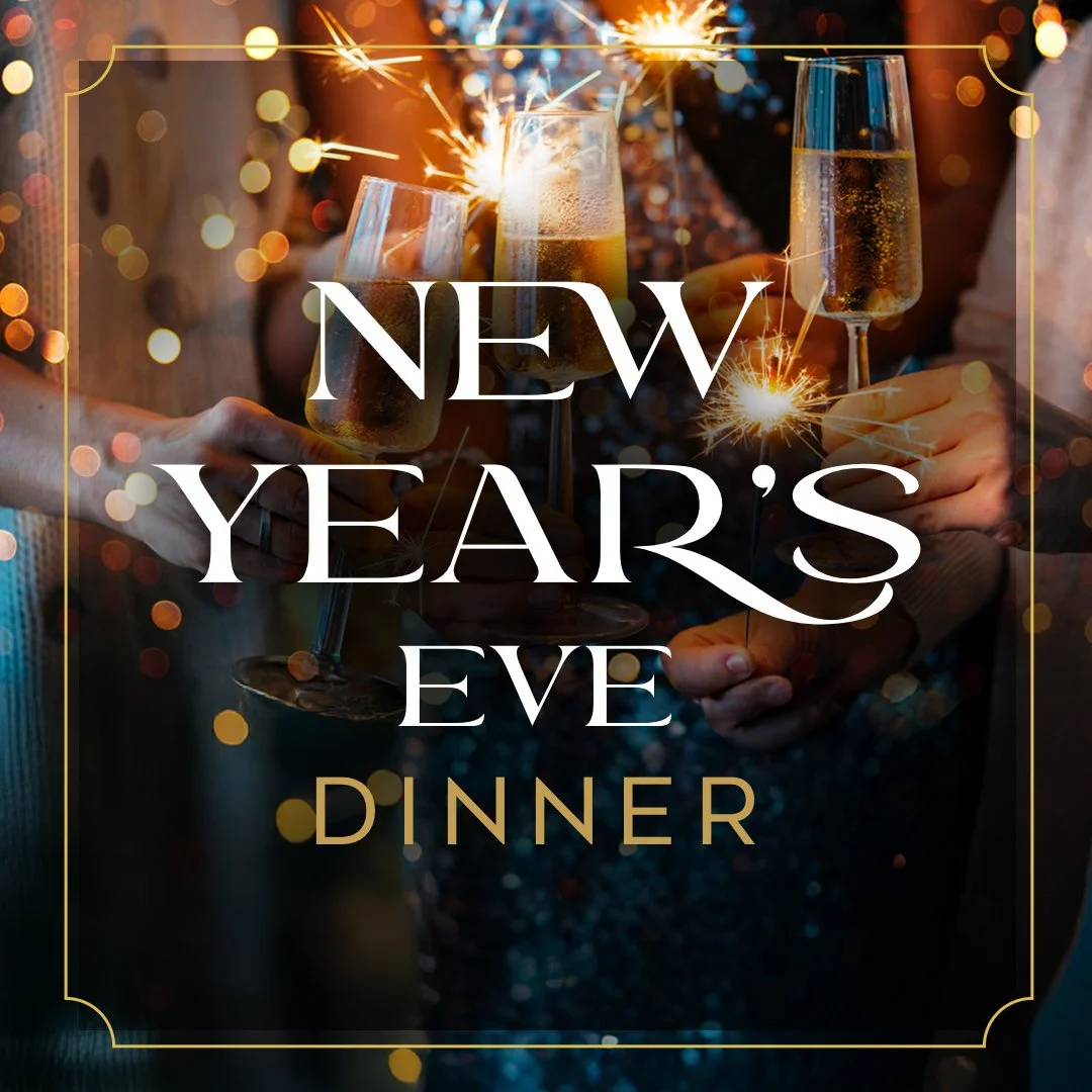 Group of people holding champagne glasses with sparklers, celebrating New Year's Eve. Elegant festive atmosphere with warm lights and the text 'New Year's Eve Dinner' displayed over the image.