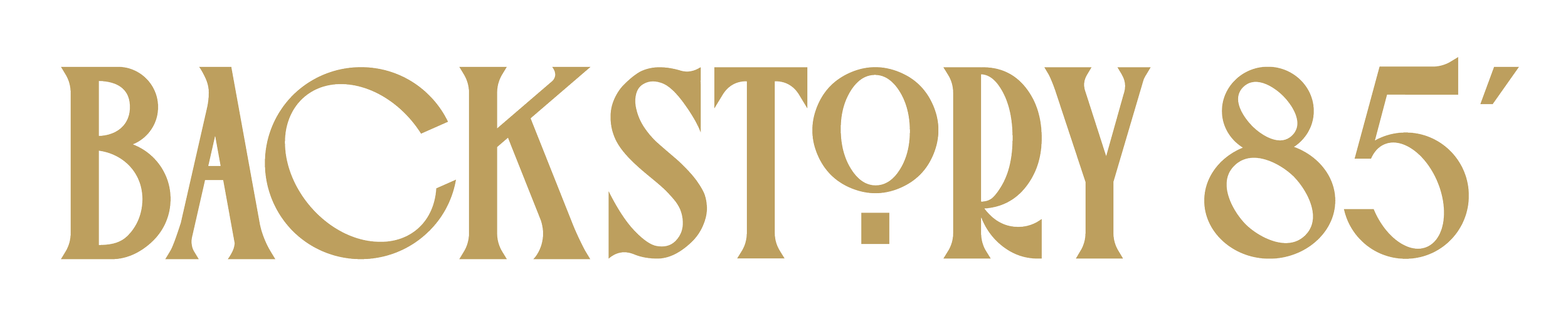 Logo with the text 'BACKSTORY 85' in gold letters on a black background.