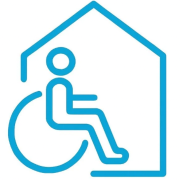 Blue handicap parking sign with a person in a wheelchair inside a house-shaped outline.