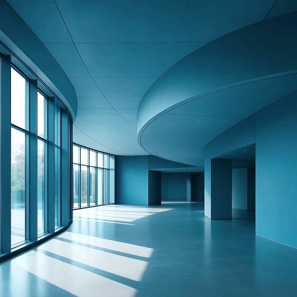 Modern interior with large windows and curved blue walls, bright sunlight casting shadows on the floor.
