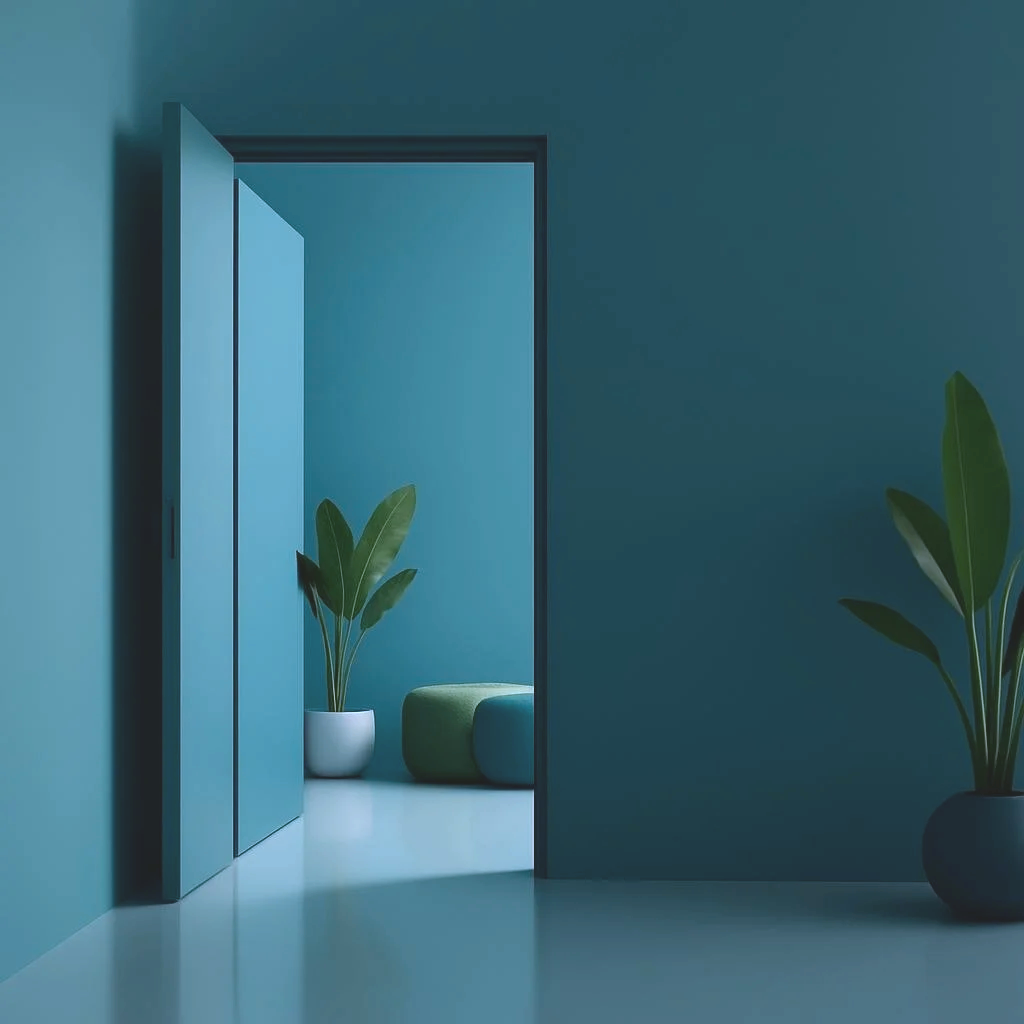 A minimalistic interior with blue walls, featuring an open doorway, potted plants, and modern furniture in shades of green and blue.